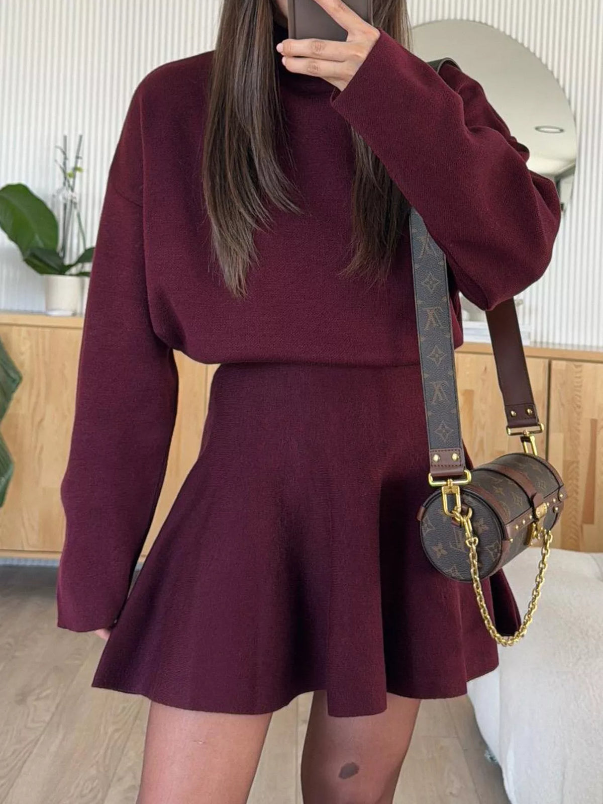 Turtleneck Dropped Shoulder Sweater Skirt Set (8)