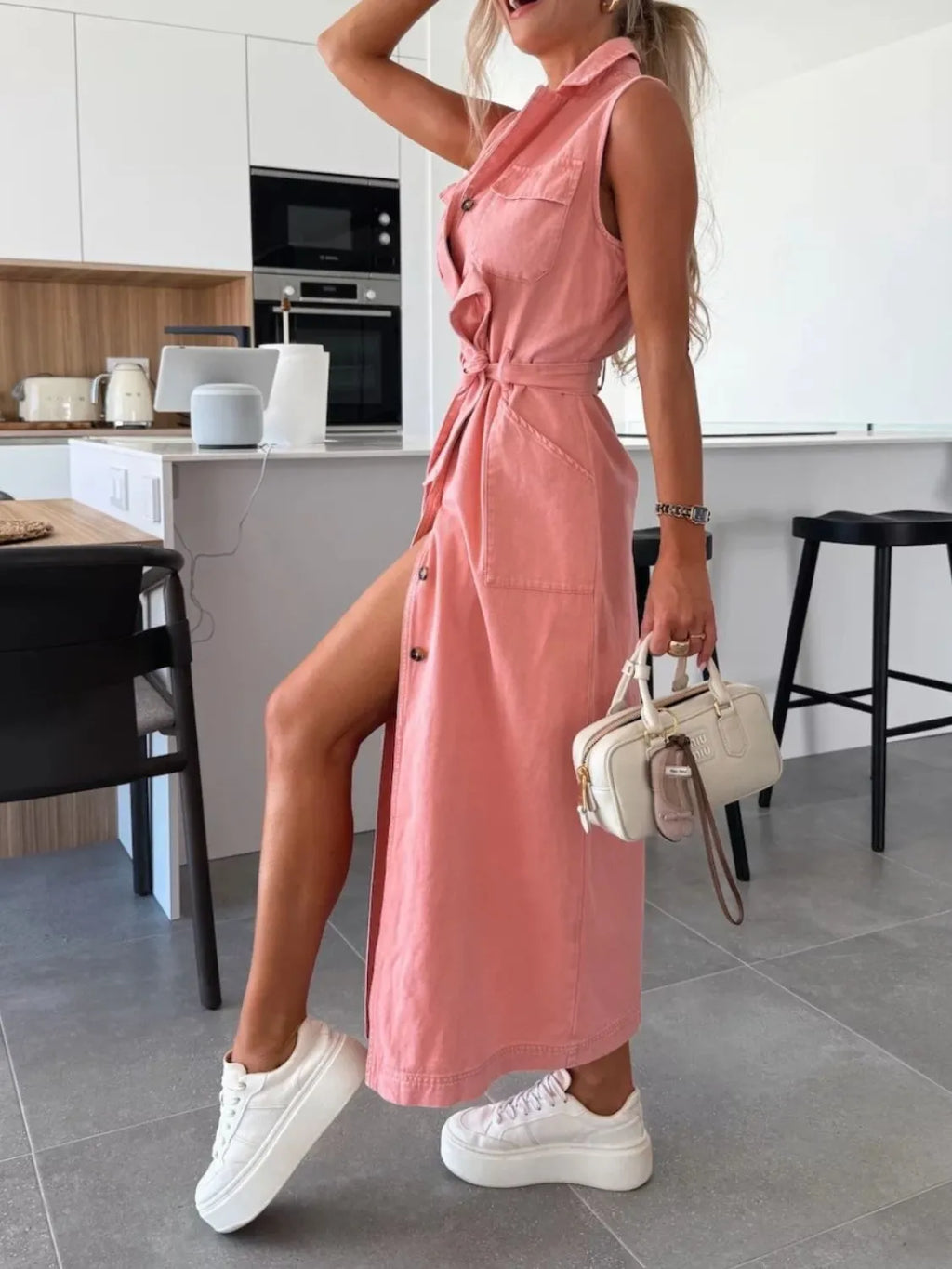 Button Front Sleeveless Denim Dress (8)