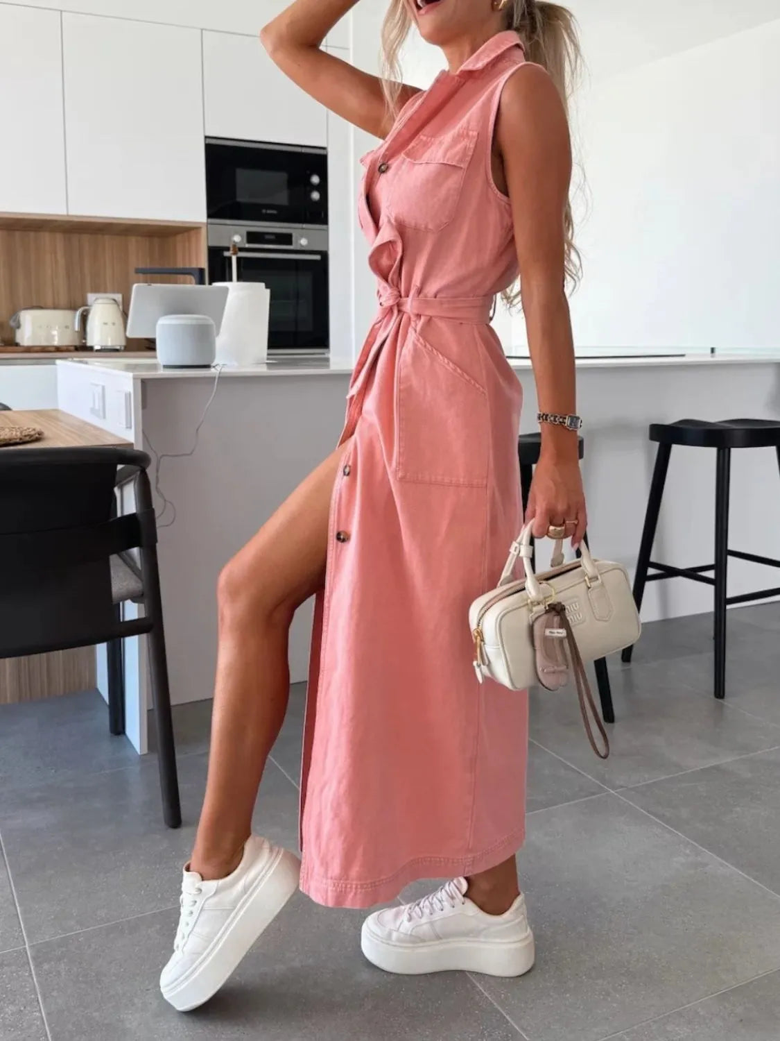 Button Front Sleeveless Denim Dress (8)