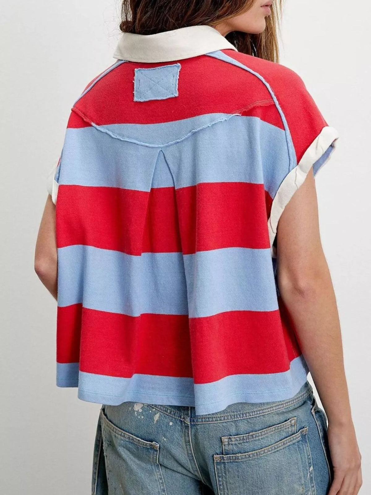 Half Button Striped Short Sleeve Cropped Polo Shirt (2)