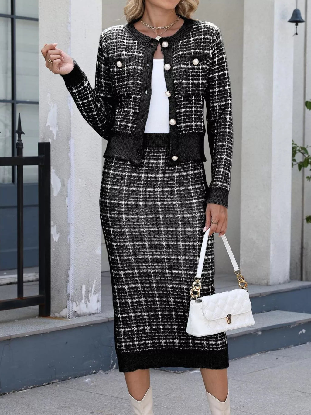 Plaid Knit Cardigan Midi Skirt Sweater Set (9)