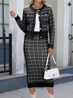 Plaid Knit Cardigan Midi Skirt Sweater Set (9)