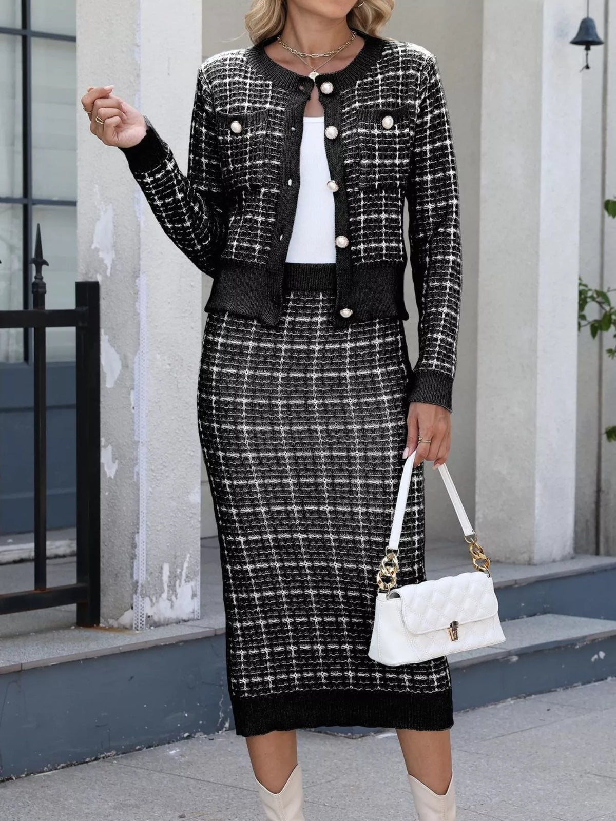 Plaid Knit Cardigan Midi Skirt Sweater Set (9)