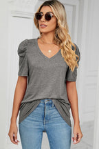 Heathered V-neck Puff Sleeve T-shirt (19)