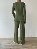 Ribbed V-neck Long Sleeve Top Pocketed Pants Set (10)