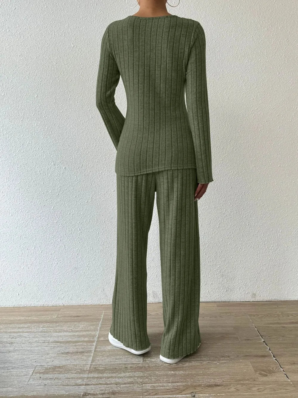 Ribbed V-neck Long Sleeve Top Pocketed Pants Set (10)