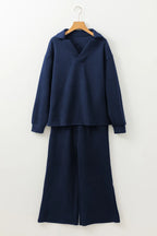 Textured Collared Neck Top Wide Leg Pants Set (19)