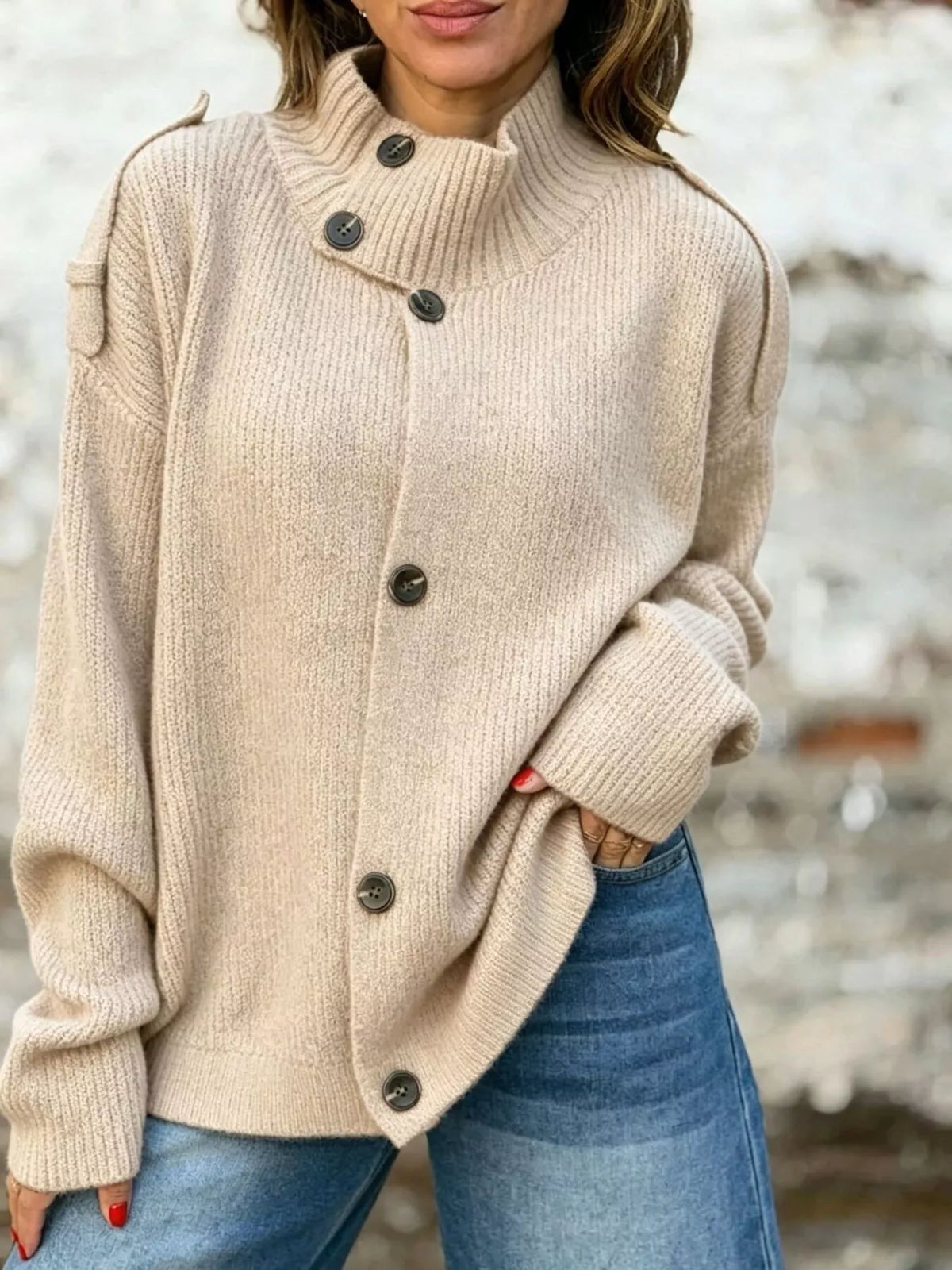 Full Size Button-up Mock Neck Cardigan Plus (3)