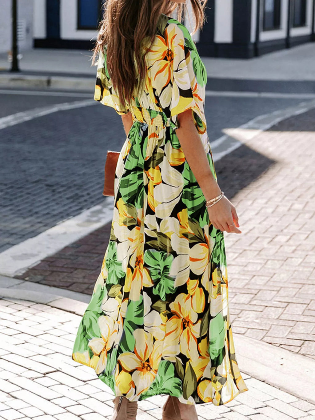 Floral Print V-neck High Slit Maxi Dress (8)