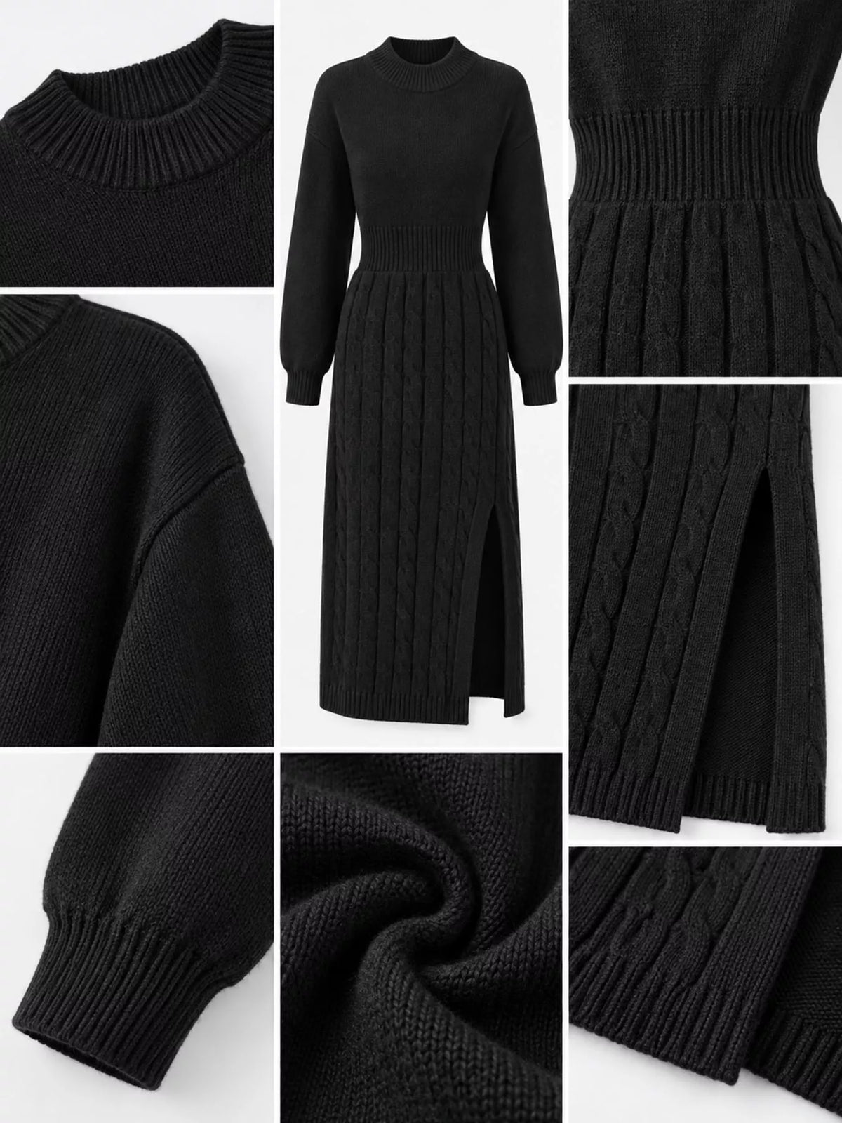 Full Size Mock Neck Cable Knit Sweater Dress Front Slit Plus (16)