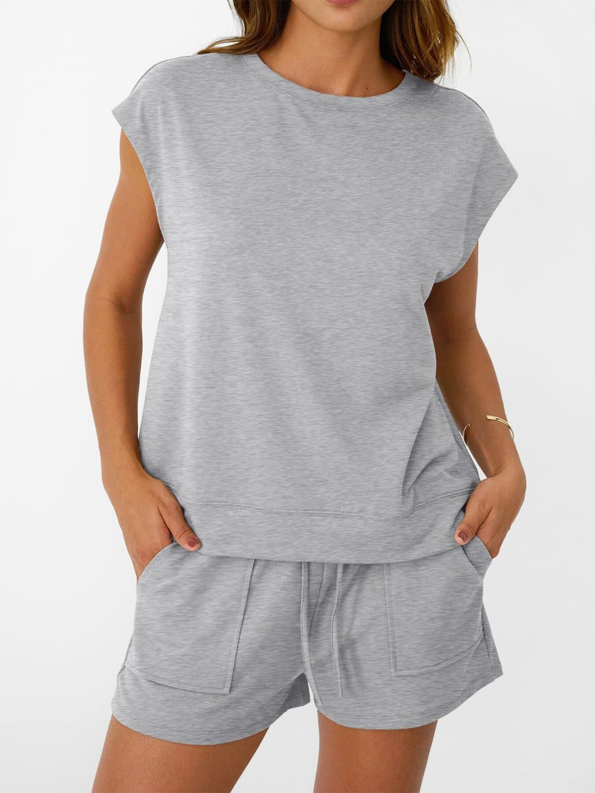 Round Neck Cap Sleeve Top Shorts Set (10)