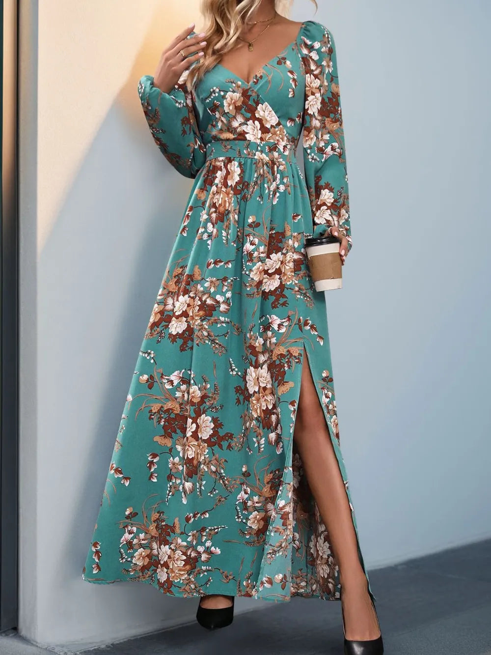 Slit Printed Surplice Long Sleeve Maxi Dress (4)