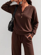 Button Detail Dropped Shoulder Top Pants Set (15)