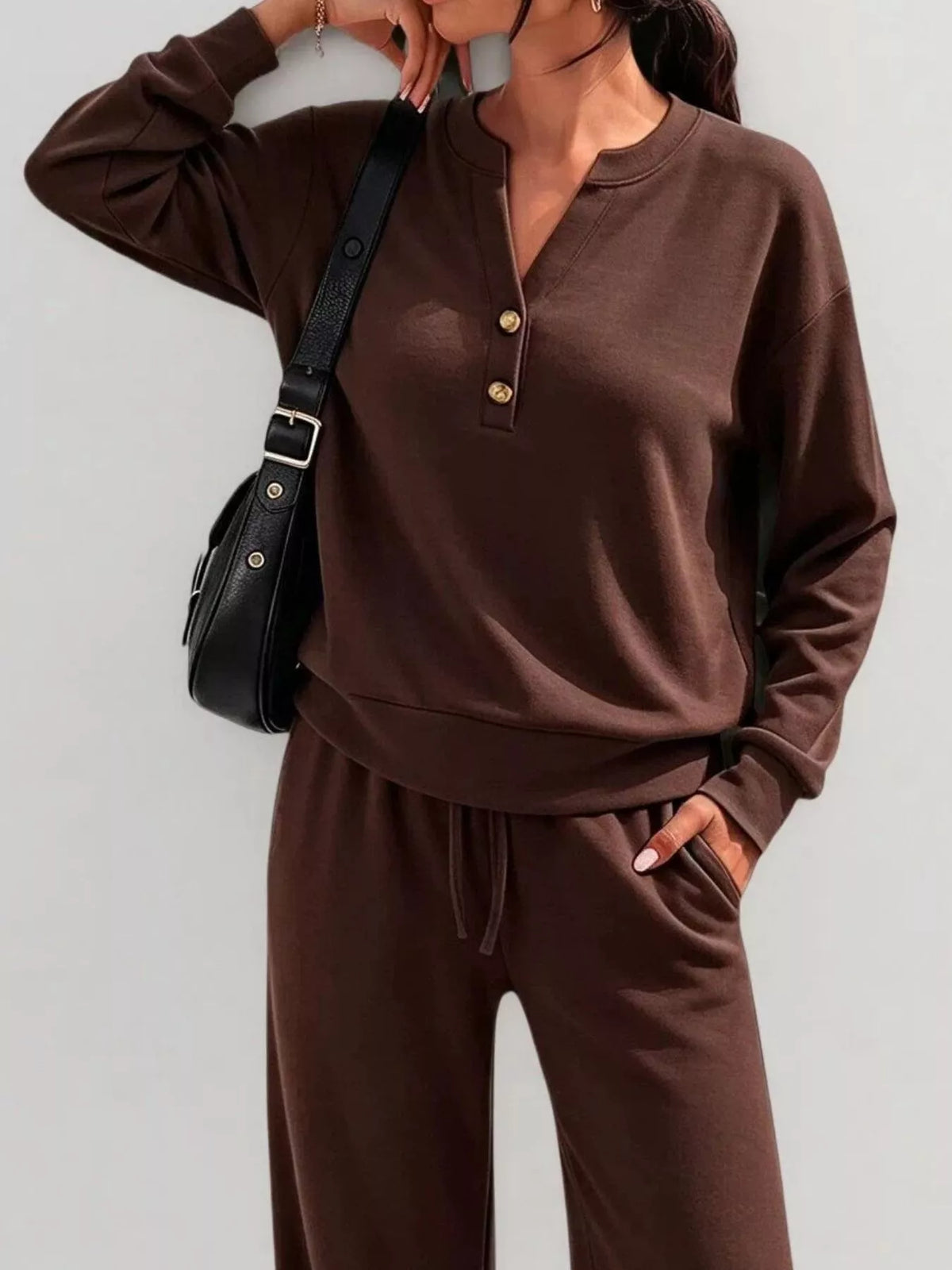 Button Detail Dropped Shoulder Top Pants Set (15)