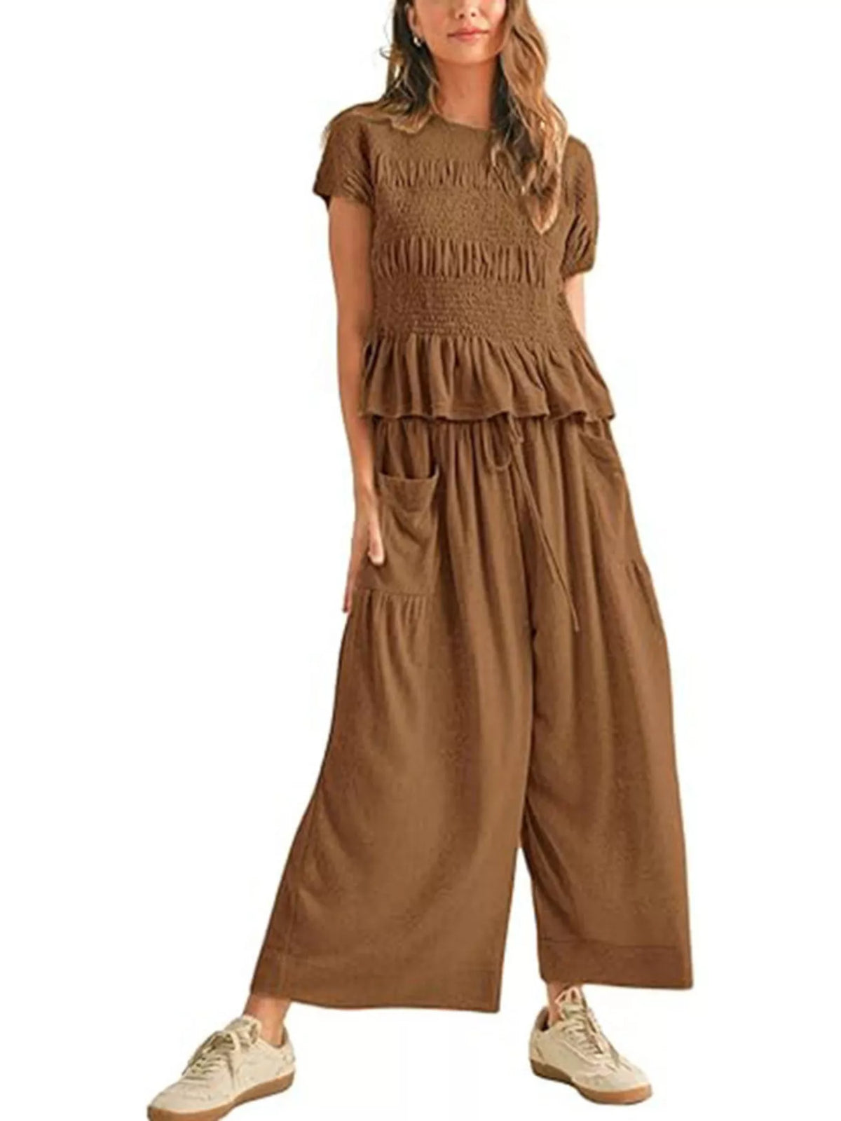 Smocked Peplum Top Wide-leg Pants Set (14)