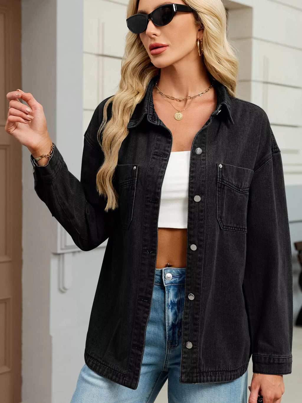 Button Up Dropped Shoulder Denim Jacket (2)