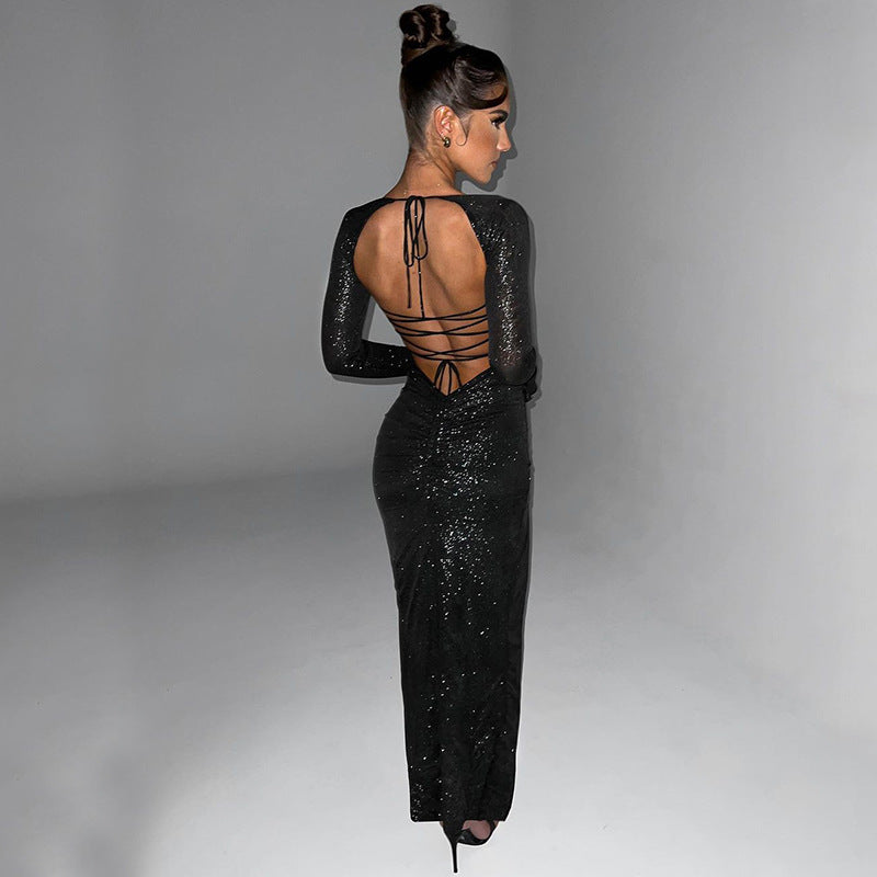 Hollow Out Slim Fit Slit Long Sleeve Dress Ifa photo 3