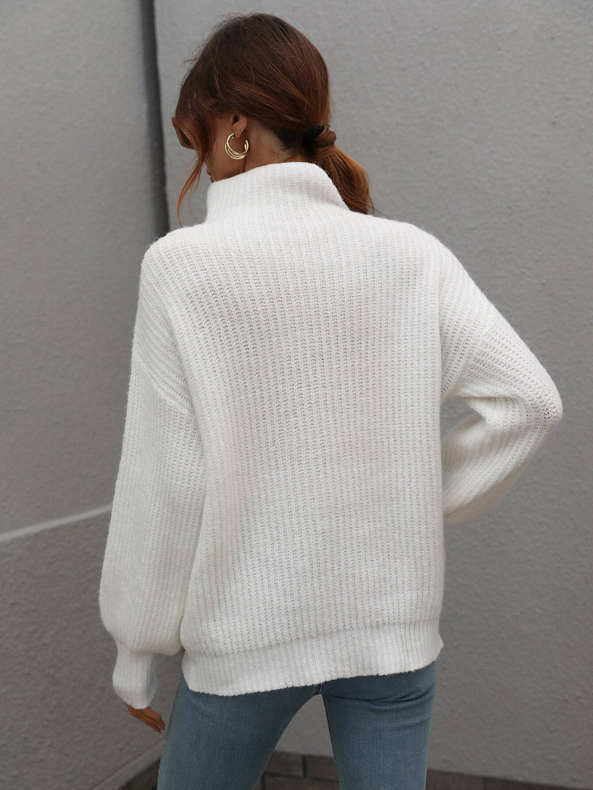 High Neck Balloon Sleeve Rib-knit Pullover Sweater (8)