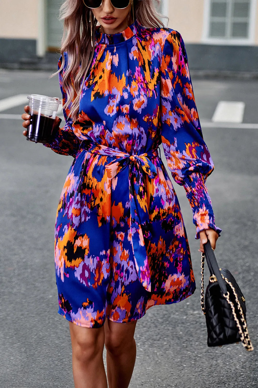 Printed Tie Waist Mock Neck Lantern Sleeve Dress (5)