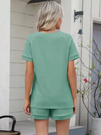 Solid Color Short Sleeve Top Shorts Two-piece Set (25)