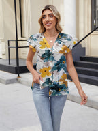 Floral Print V-neck Cap Sleeve Casual Summer Blouse (18)