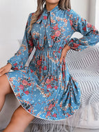 Pleated Printed Tie Neck Long Sleeve Dress (12)