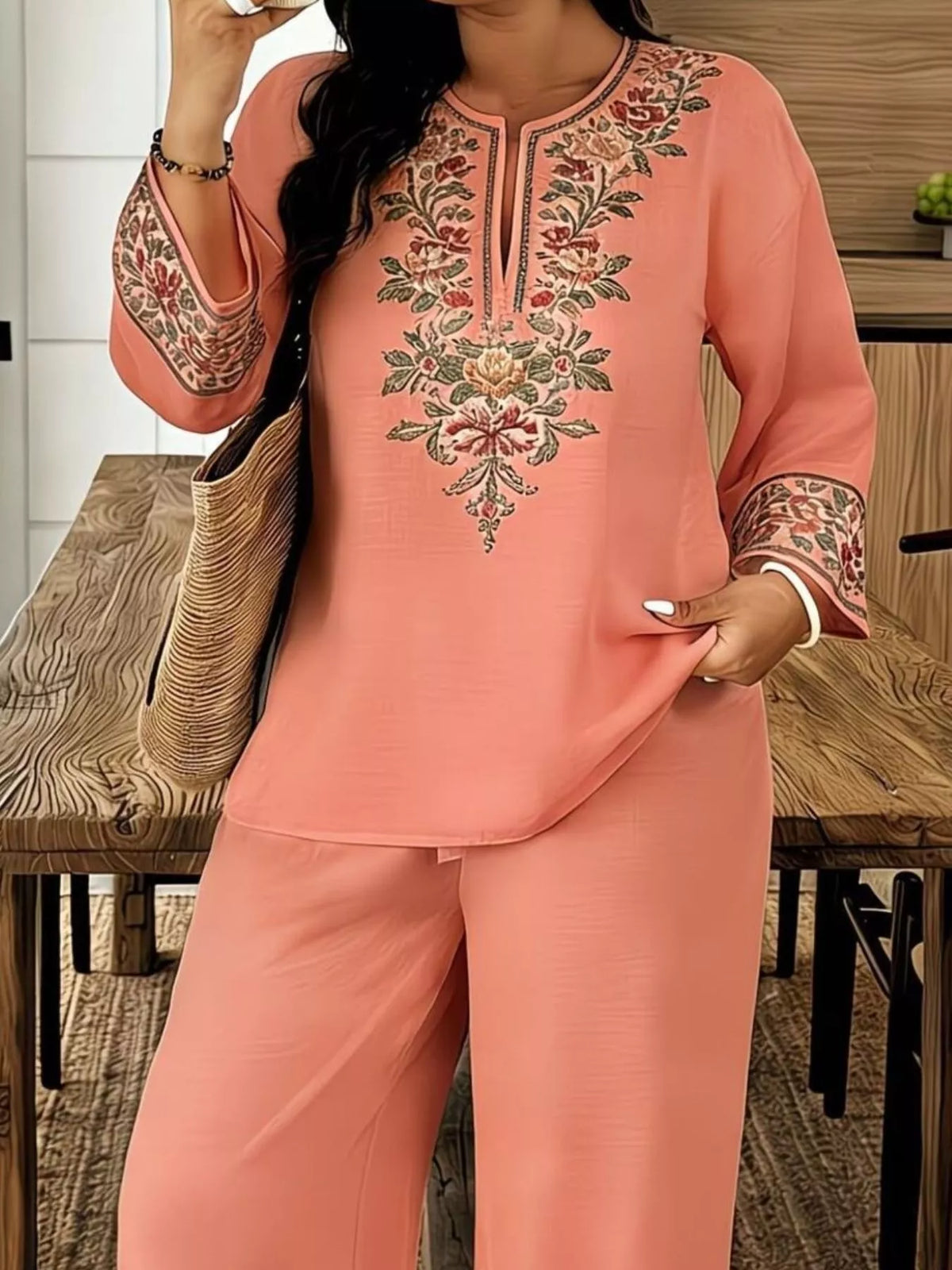 Full Size Embroidered Long Sleeve Top Pants Set Plus (8)