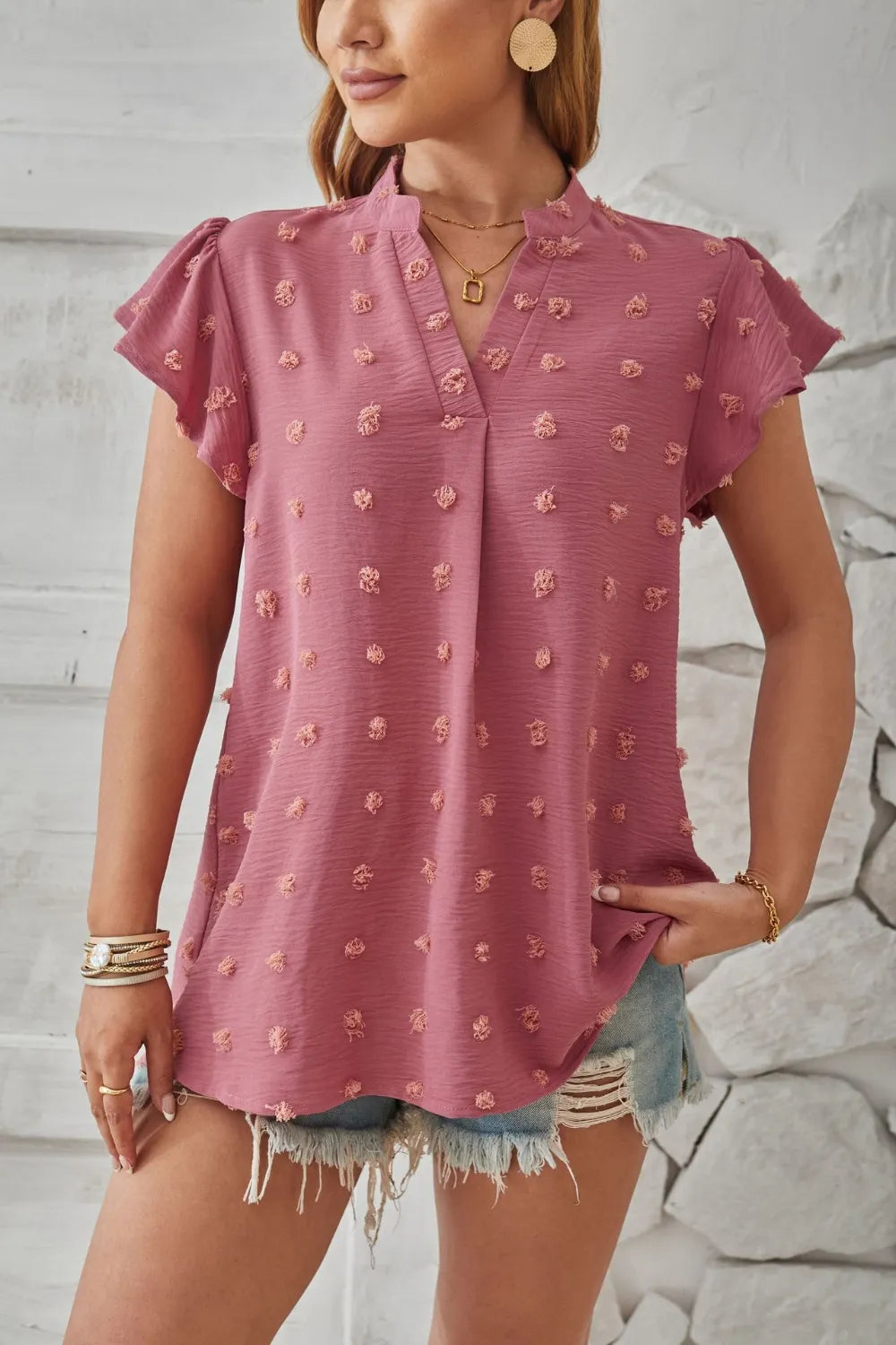 Swiss Dot Notched Cap Sleeve T-shirt (2)