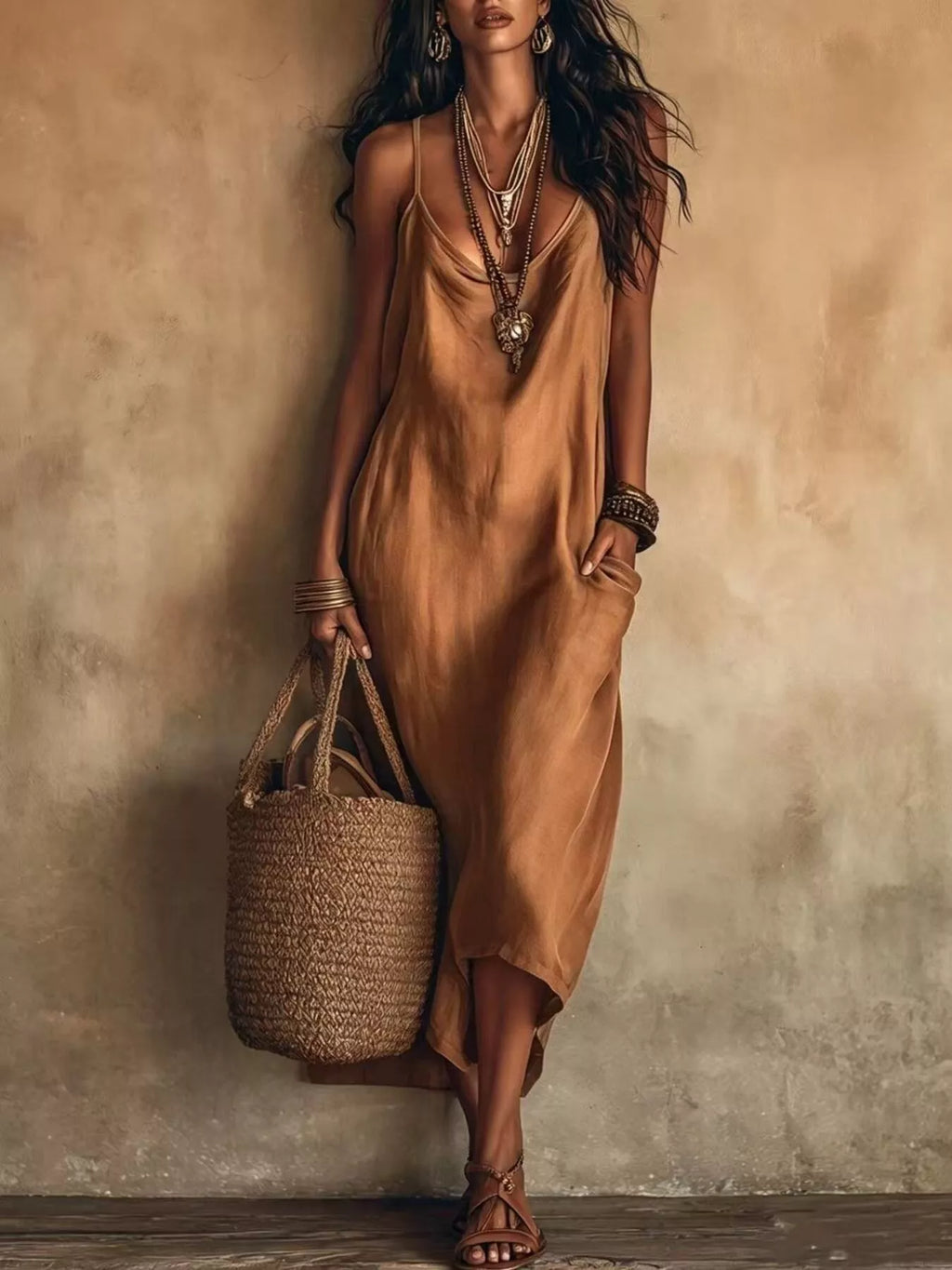 Full Size Spaghetti Strap Midi Dress Pockets Plus