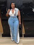 Zip Front Crop Top Striped Pants Set