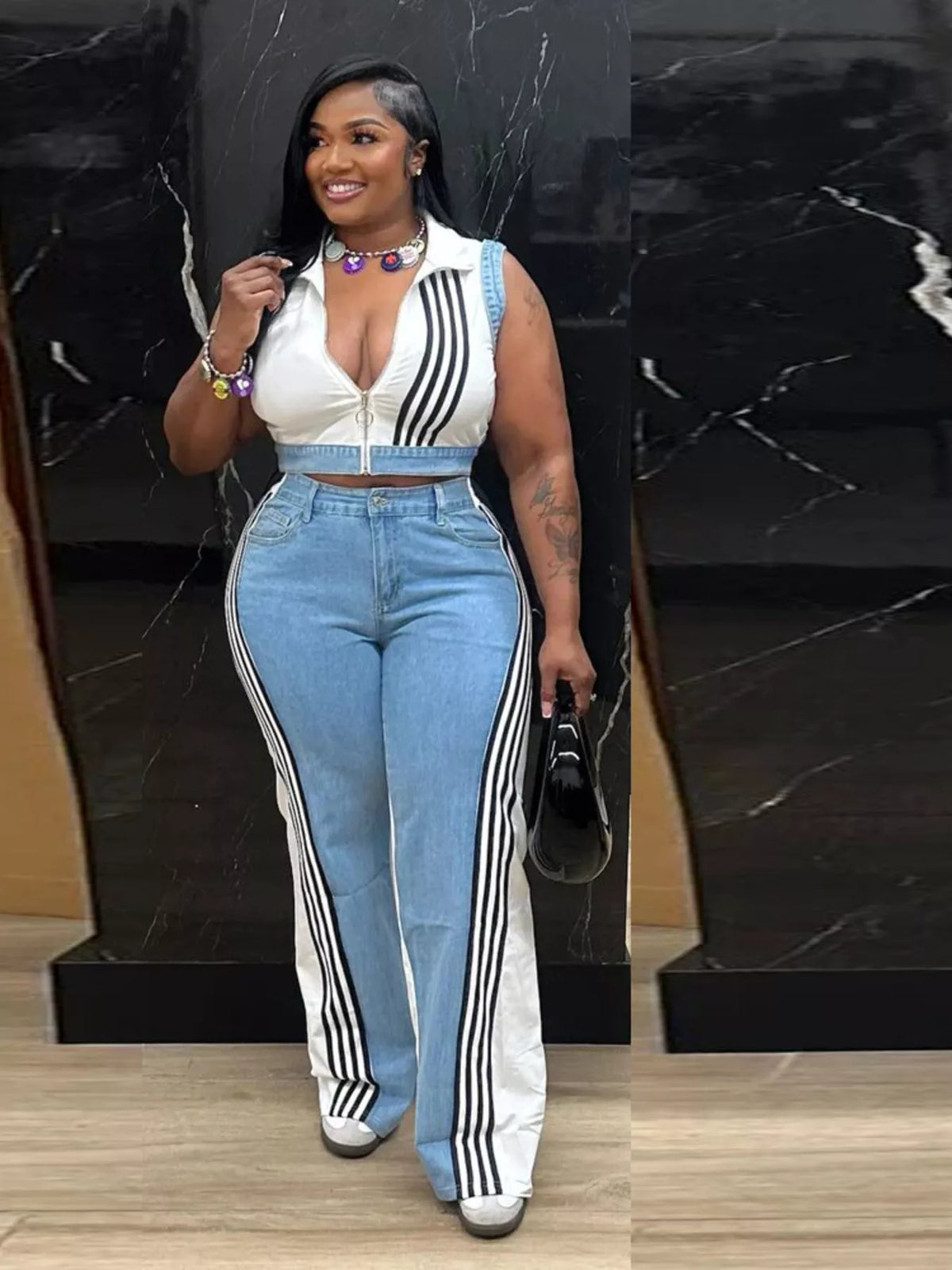 Zip Front Crop Top Striped Pants Set