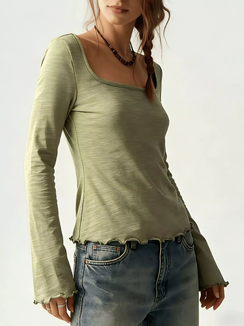 Long Sleeve Square Neck Slim-fit T-shirt (8)