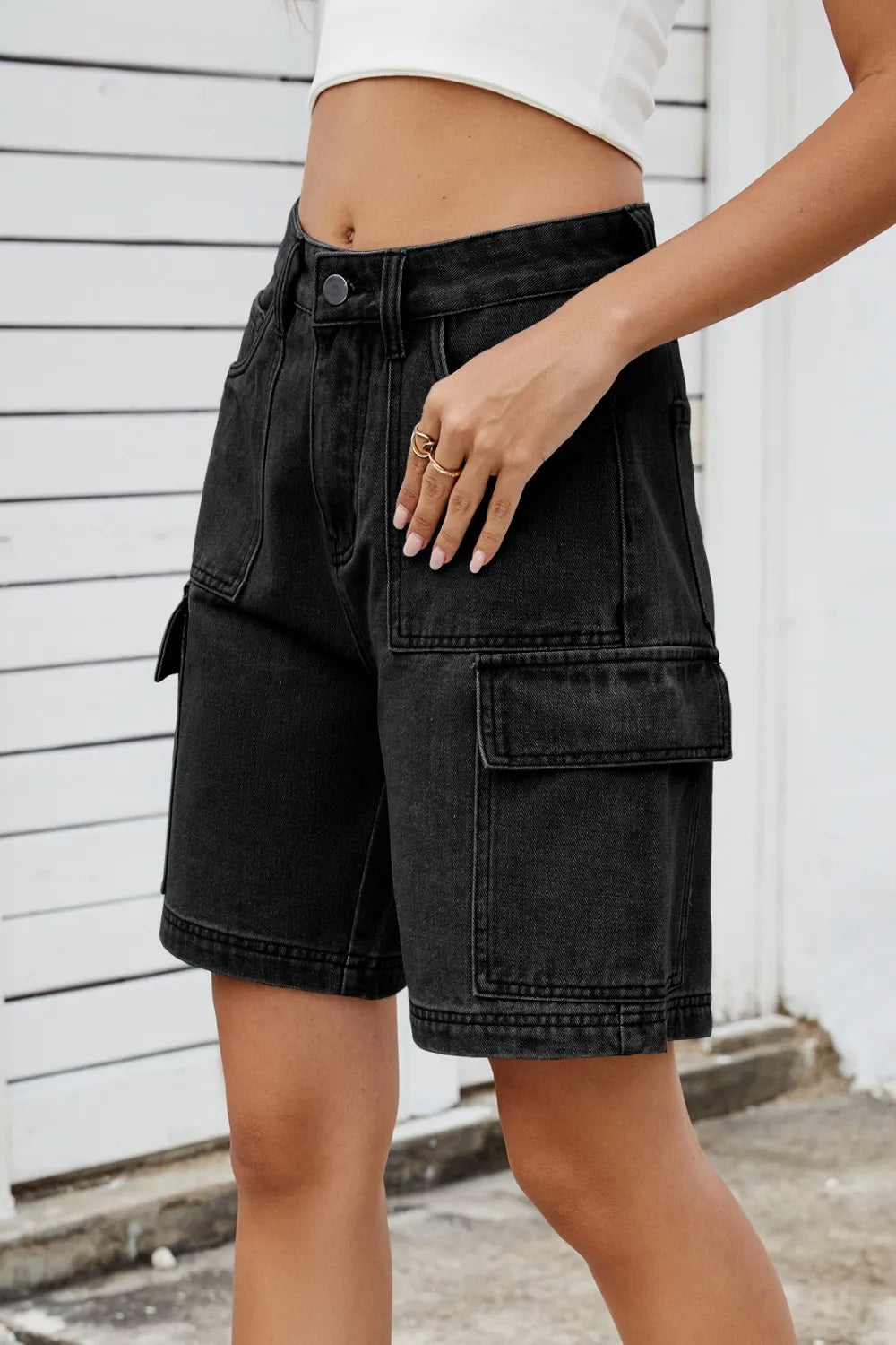 High Rise Denim Shorts Cargo Pockets (12)