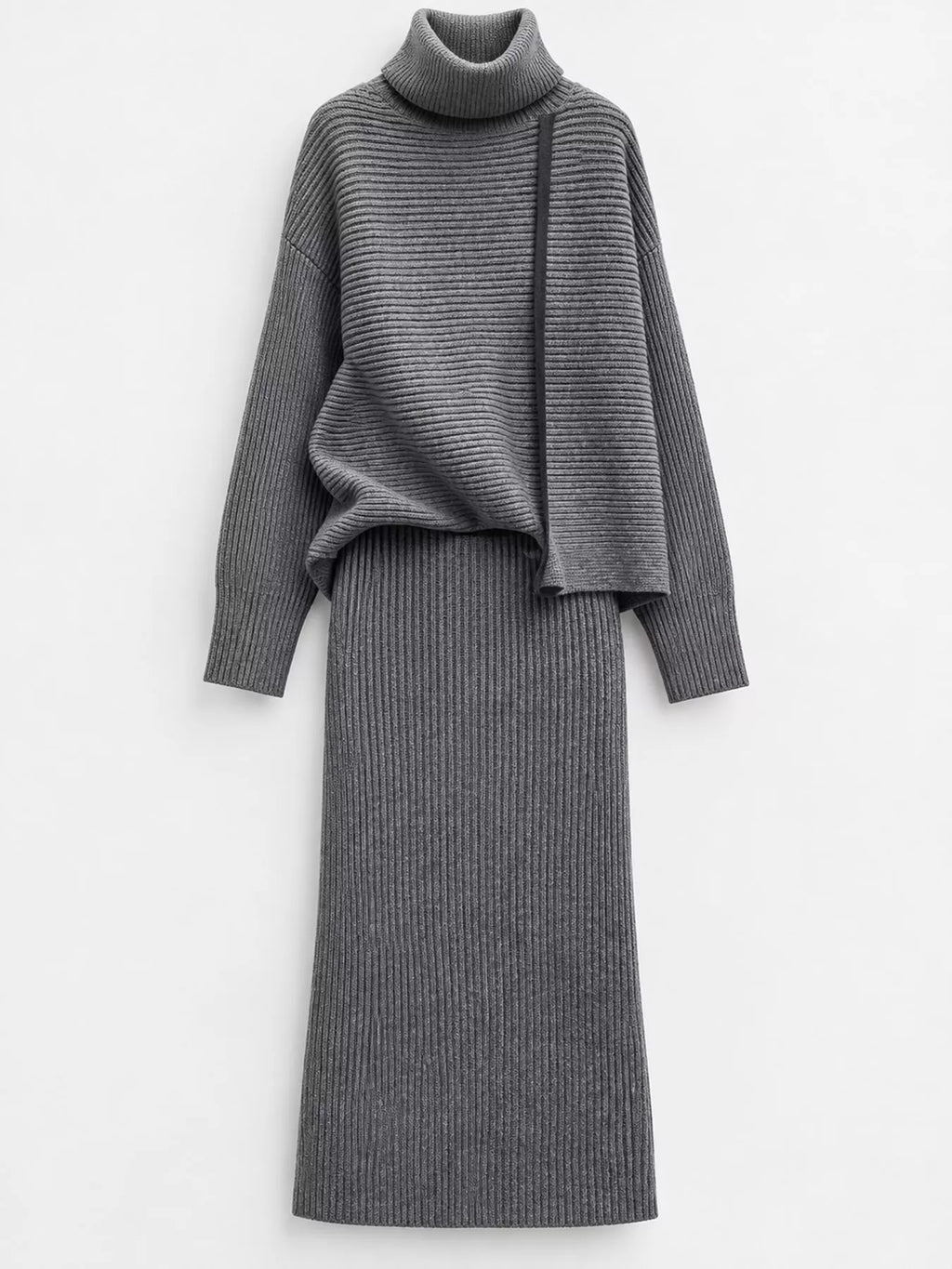 Ribbed Turtleneck Sweater Set Matching Midi Skirt (4)