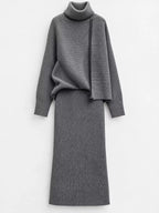 Ribbed Turtleneck Sweater Set Matching Midi Skirt (4)