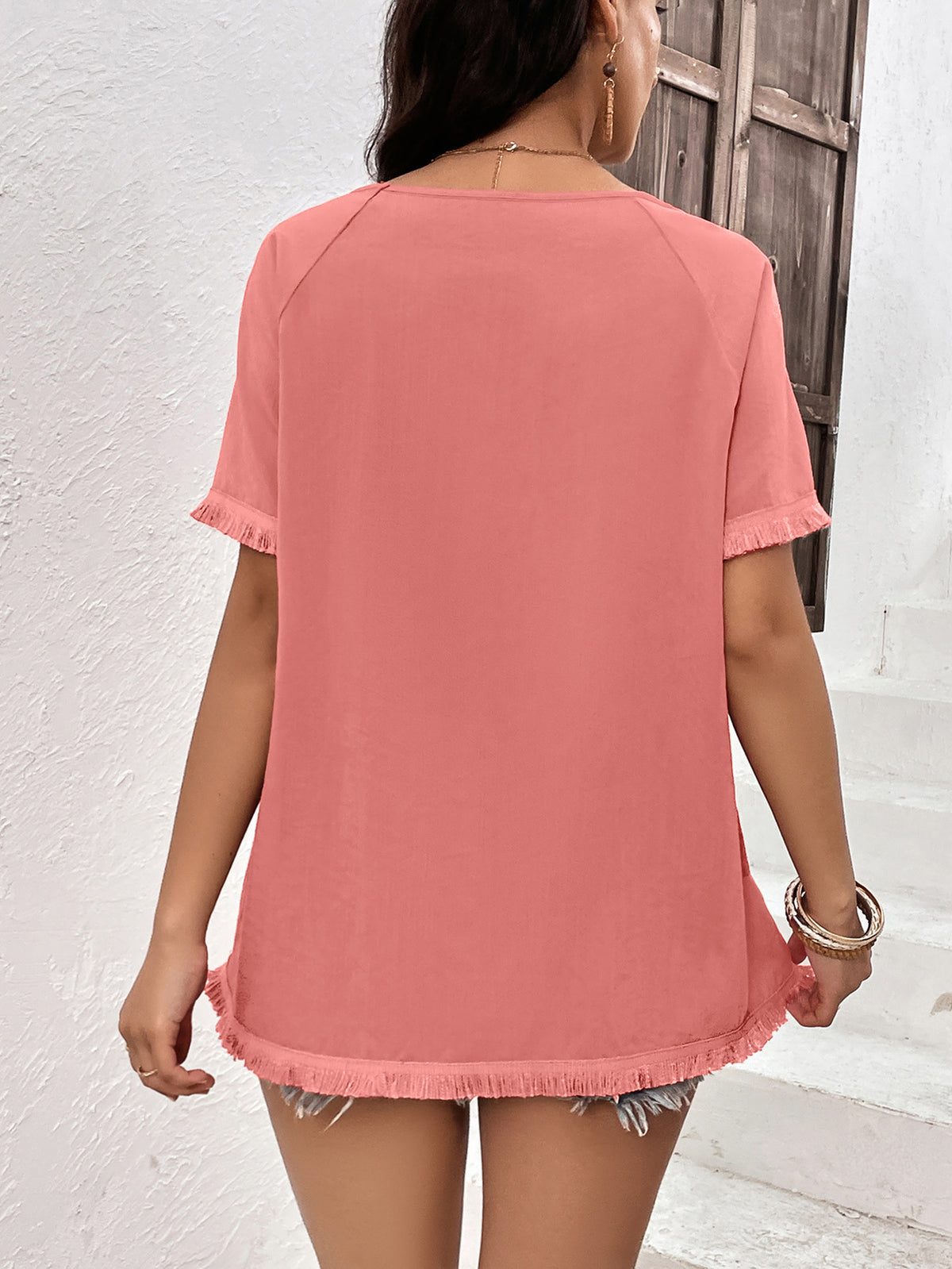 Round Neck Raglan Sleeve Fringe Detail Top (6)