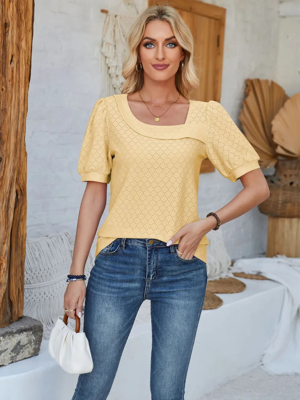 Eyelet Asymmetrical Neck Short Sleeve T-shirt (22)