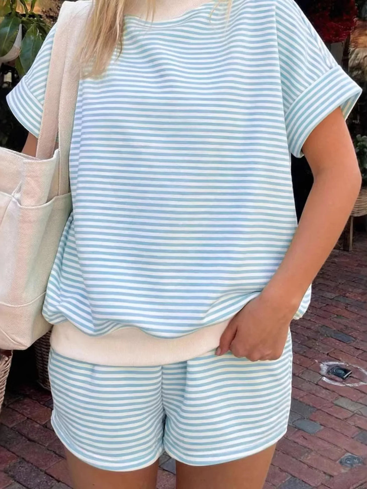 Full Size Striped Round Neck Tee Shorts Set Plus (5)