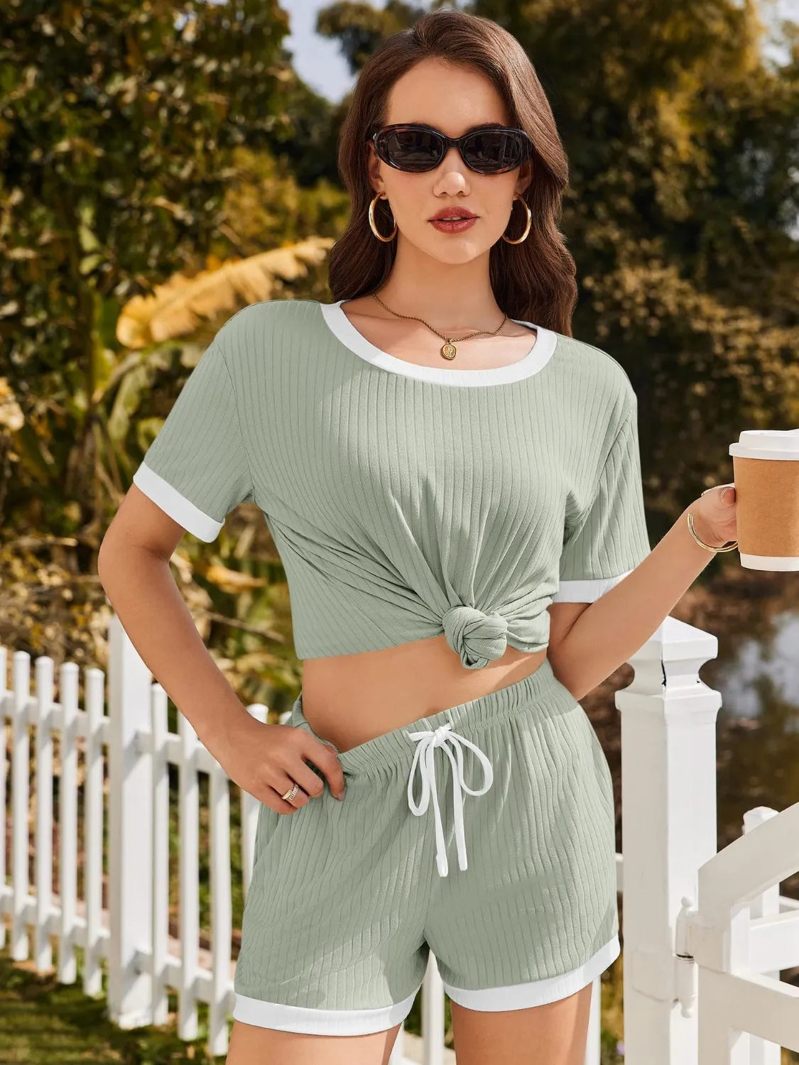 Ribbed Short Sleeve Top Shorts Set