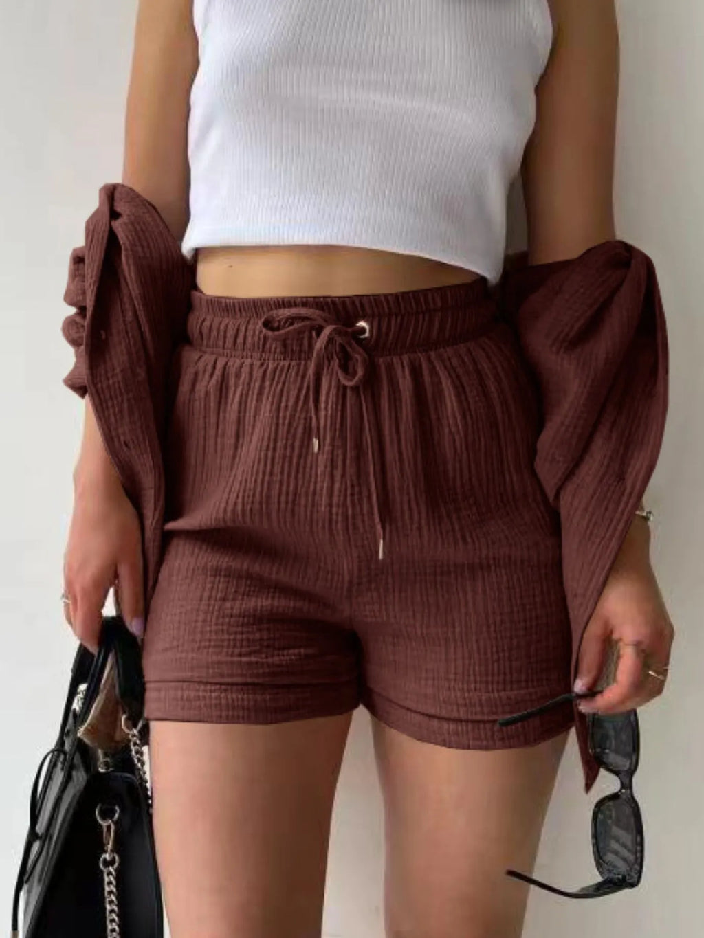 Textured Button Up Shirt Shorts Set (9)