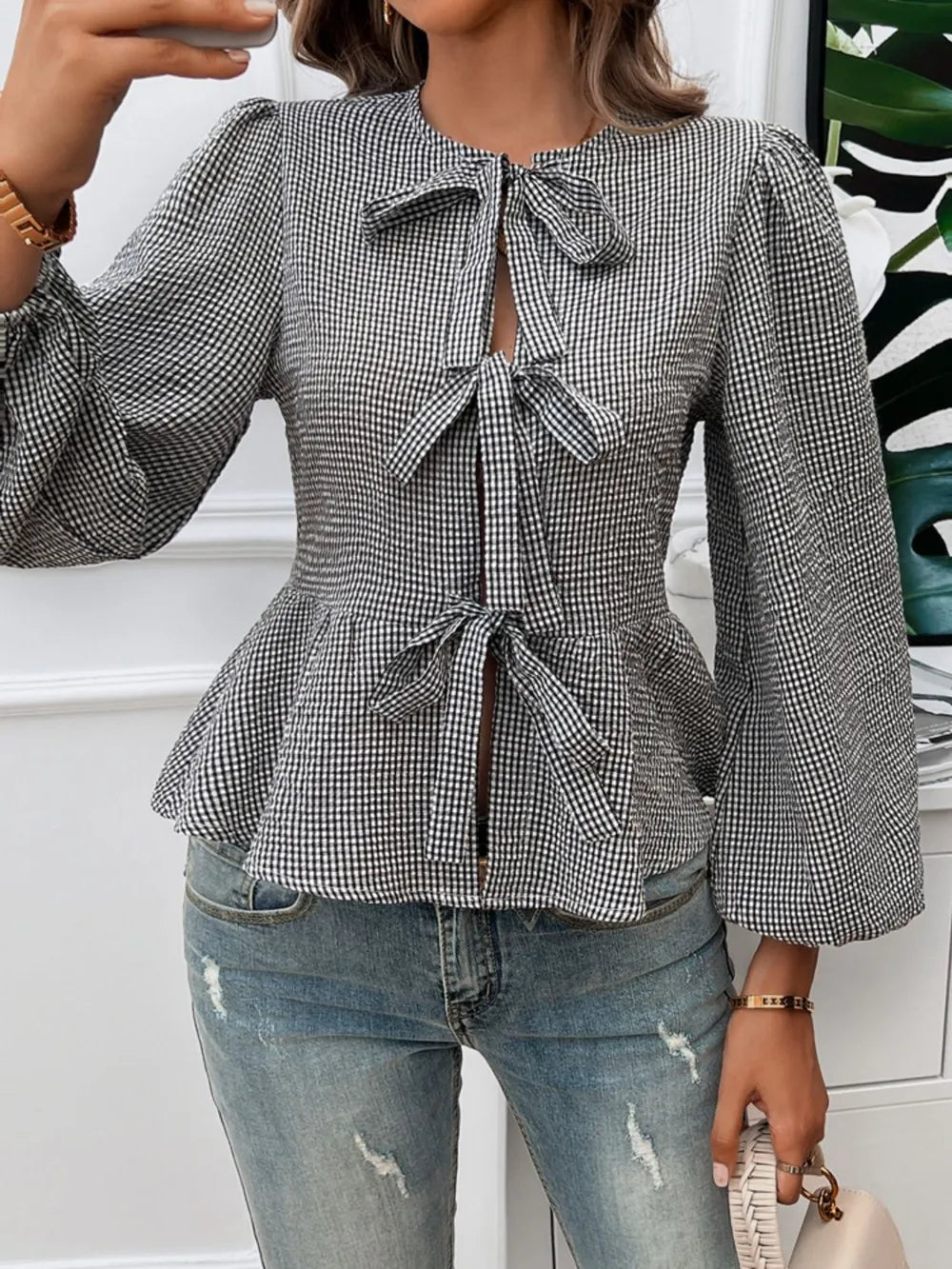 Tied Round Neck Long Sleeve Blouse (15)
