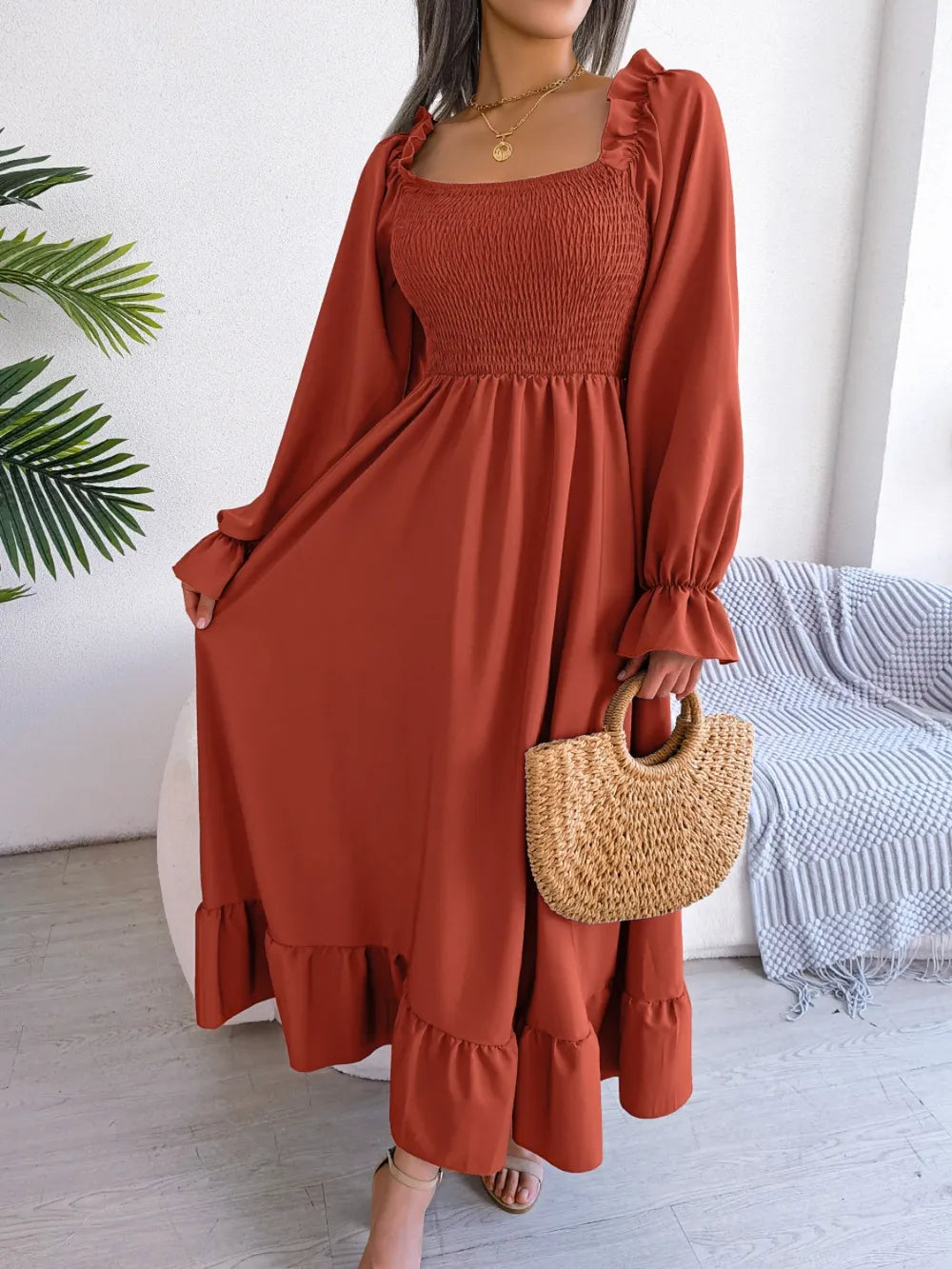 Smocked Square Neck Flounce Sleeve Dress (4)