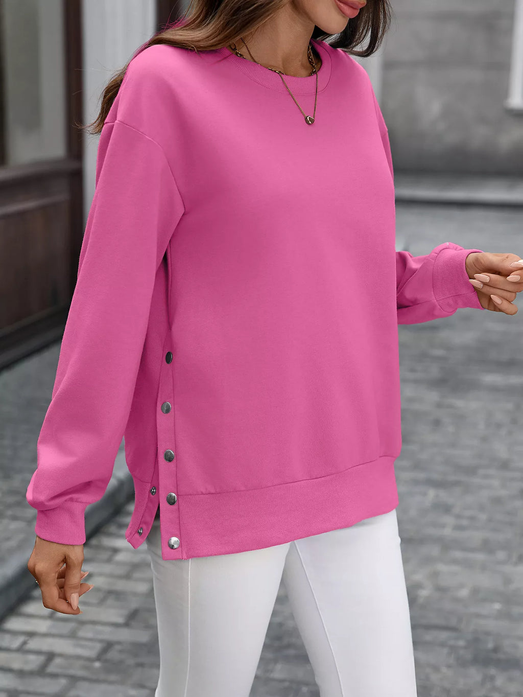 Side Snap Round Neck Sweatshirt (11)