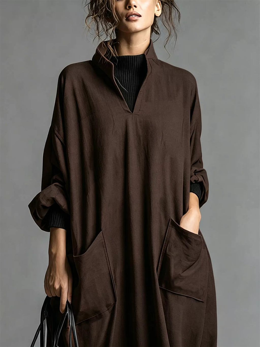 Full Size Loose-fit Mock Neck Midi Dress Pockets Plus (2)