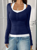 Scoop Neck Long Sleeve Fake Two-piece T-shirt (21)