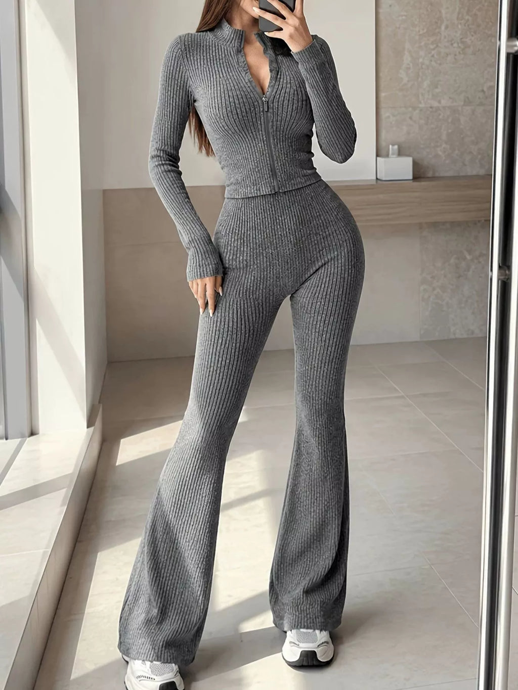 Ribbed Zip-up Cardigan Pants Knit Set (10)