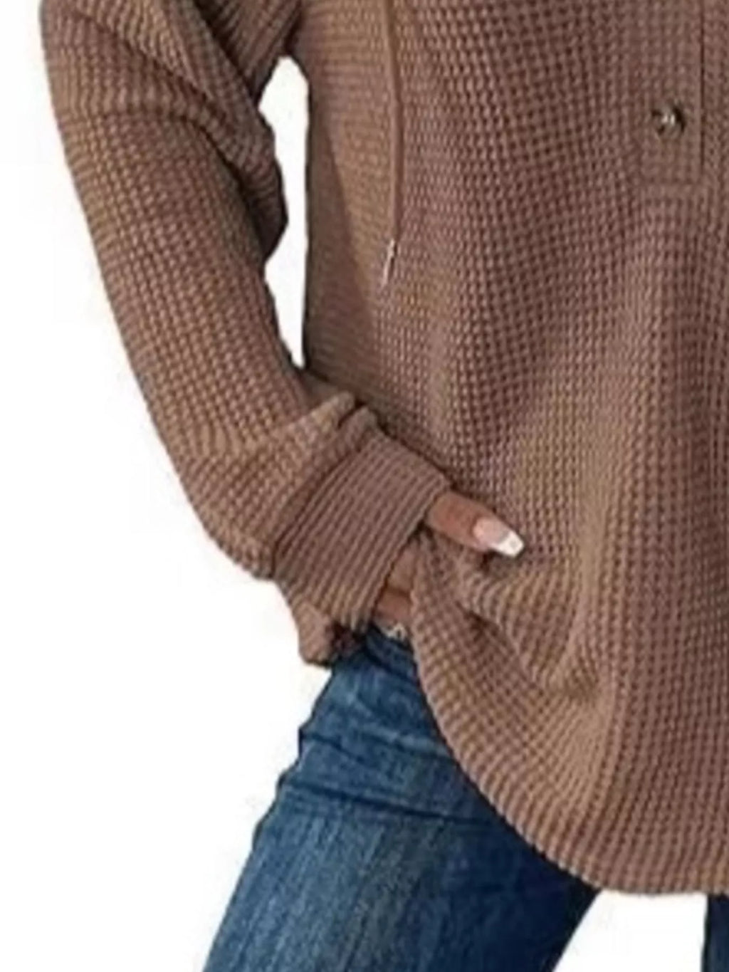 Full Size Button Detail Waffle Knit Hoodie Plus (18)