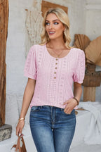 Eyelet Round Neck Short Sleeve Blouse (15)