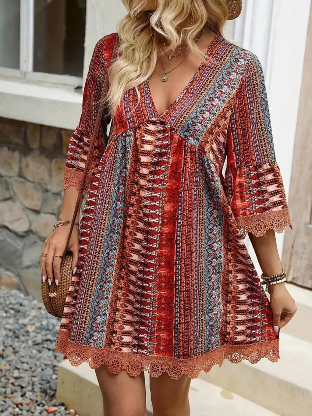 Printed V-neck A-line Dress (4)