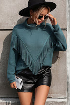 Turtle Neck Tassel Front Long Sleeve Pullover Sweater (4)